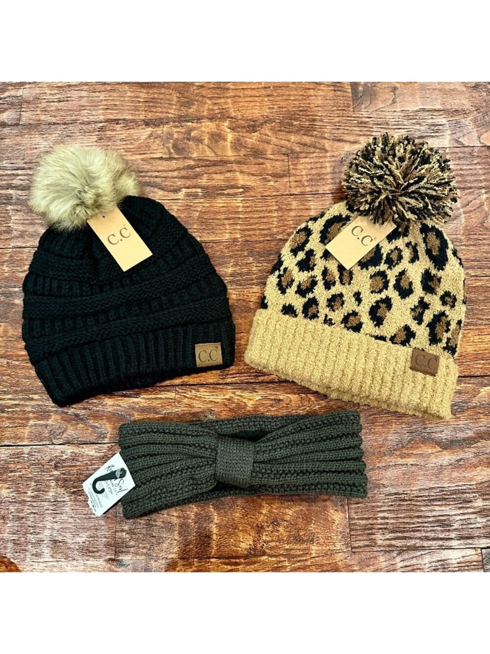 NWT Lot of 3 C.C Womens Knit Leopard & Black Beanie Set & Knit Headband